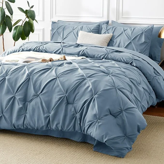 Safe CozyLux California King Comforter Set Mineral Blue 7 Pieces Cal King Pintuck Traditional