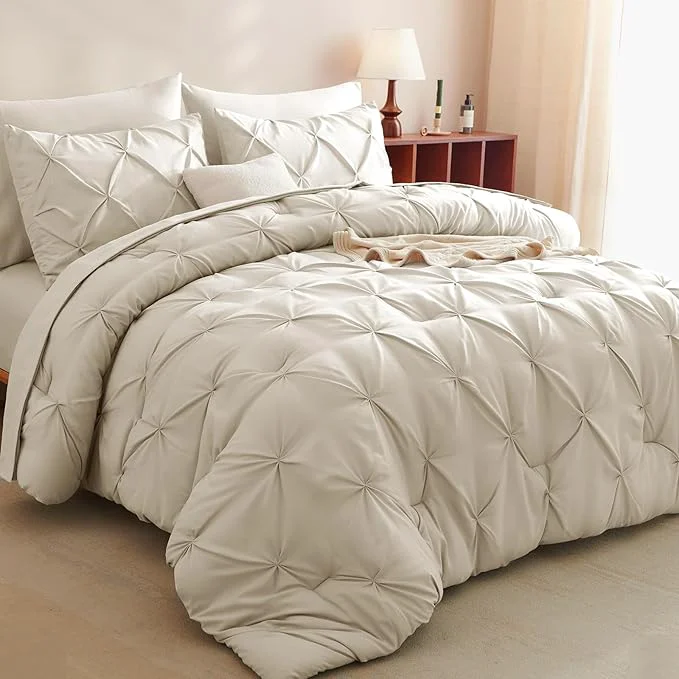 Long-Lasting CozyLux Queen Comforter Set Oatmeal 7 Pieces Pintuck Bed in A Bag Premium Trusted