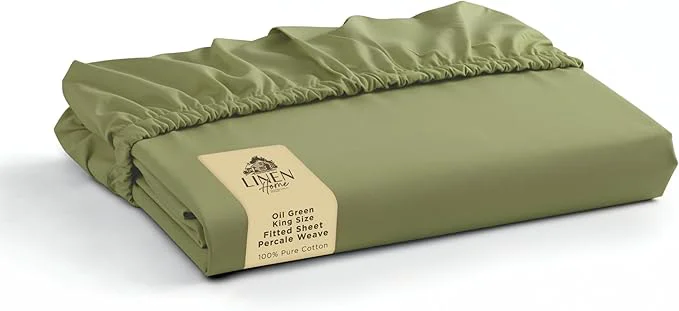 Elegant Linen Home Cotton Percale Weave Fitted Sheet King Size Oil Green Original Design