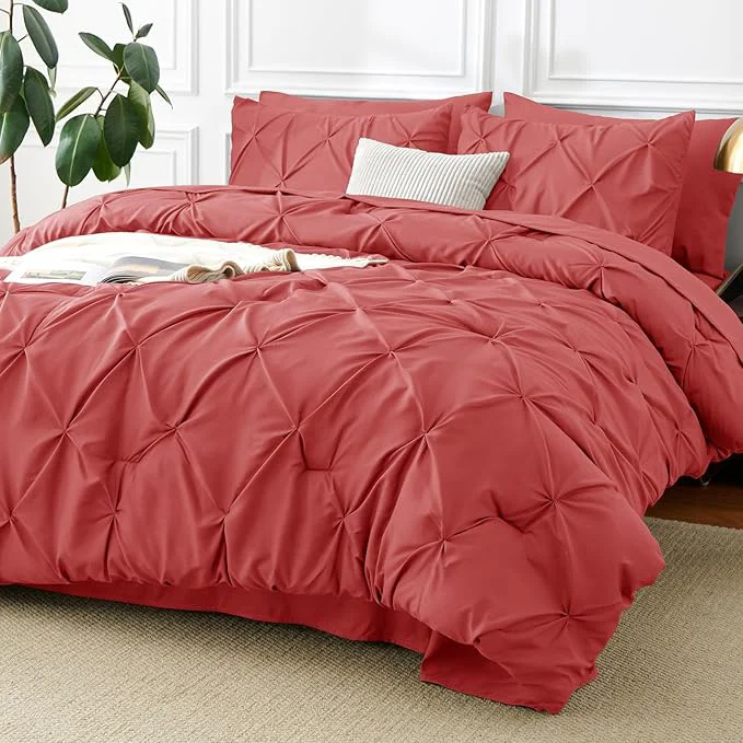 Green CozyLux King Size Comforter Set Coral 7 Pieces Pintuck Bed in A Bag Coral Convenient