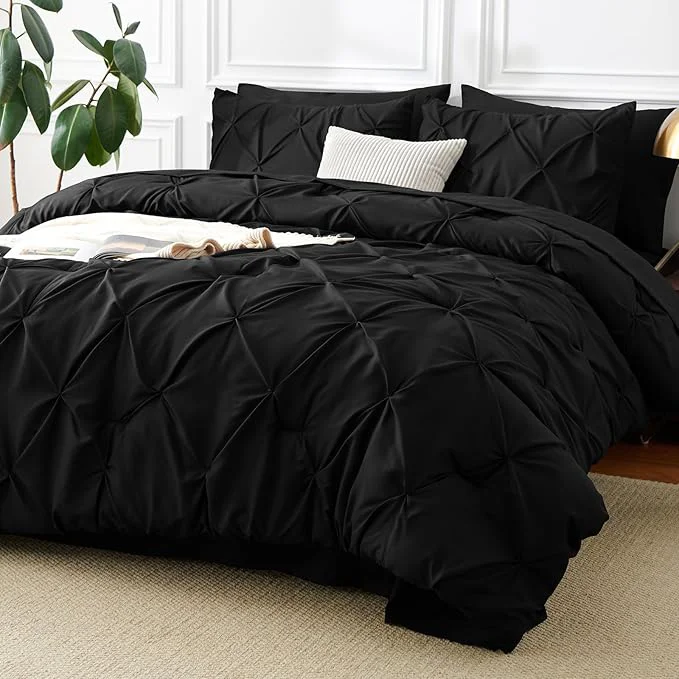 Authentic CozyLux King Size Comforter Set Black 7 Pieces Pintuck Bed in A Bag Black Genuine