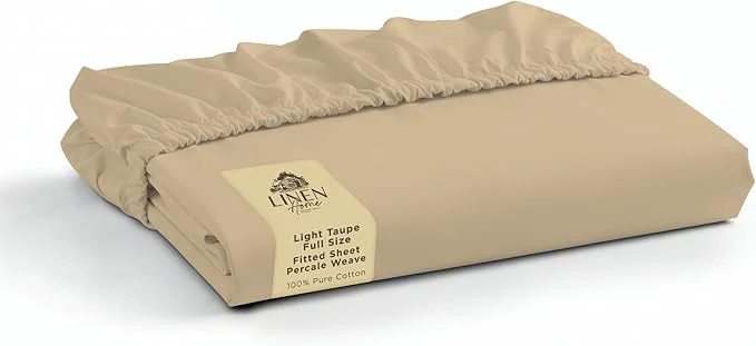 Genuine Linen Home Cotton Percale Weave Fitted Sheet Full Size Light Taupe Modern