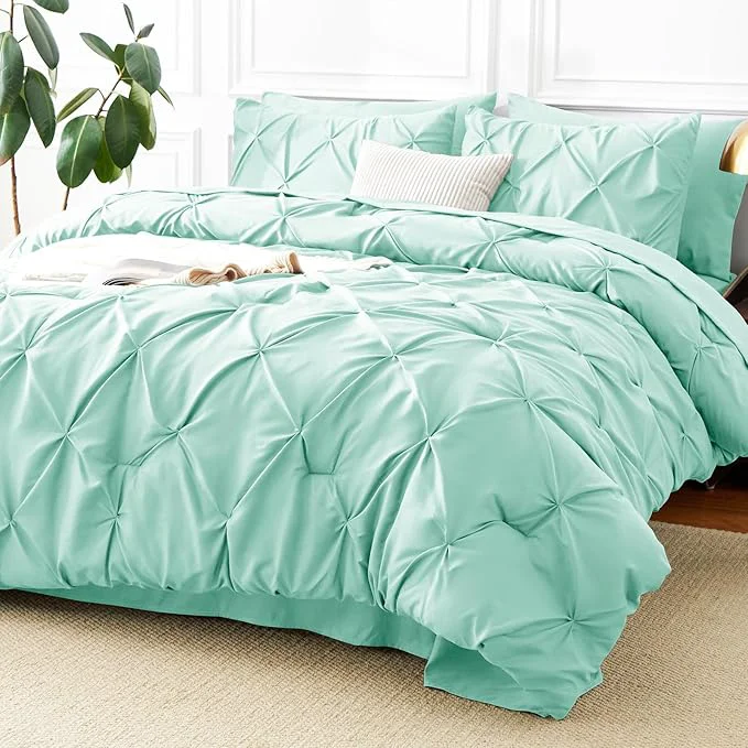 Soft CozyLux Queen Comforter Set Mint Green 7 Pieces Pintuck Bed in A Bag Premium Authentic