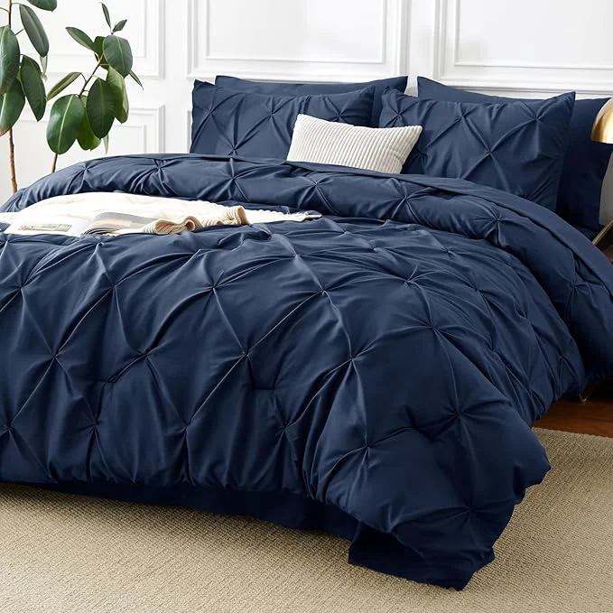 Certified CozyLux King Size Comforter Set Navy Blue Pintuck Bed in A Bag 7 Pieces Functional