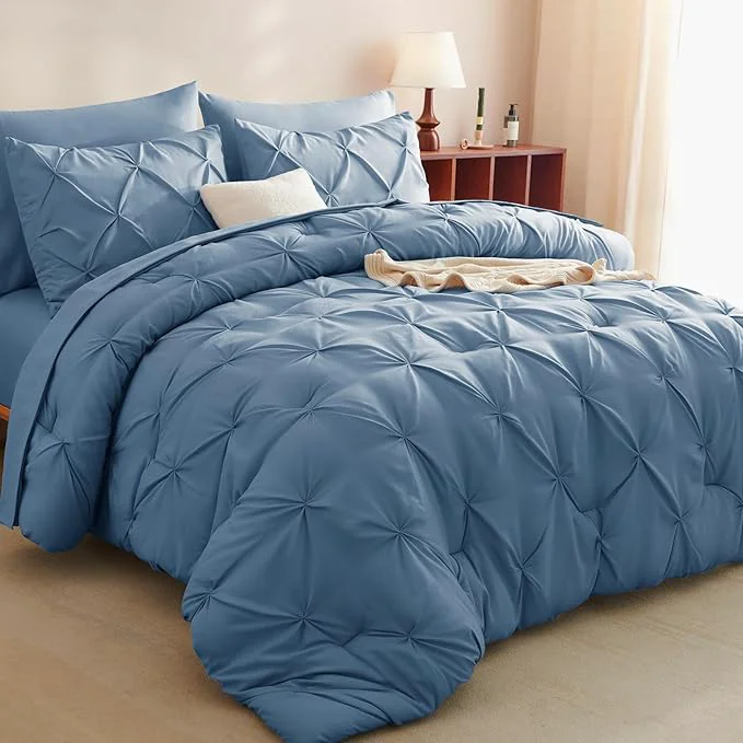 High-Quality CozyLux King Size Comforter Set Grayish Blue 7 Pieces Pintuck Bed in A Bag First-Class