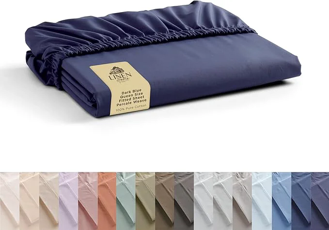 Smart Linen Home Cotton Percale Weave Fitted Sheet Queen Size Dark Blue Breathable