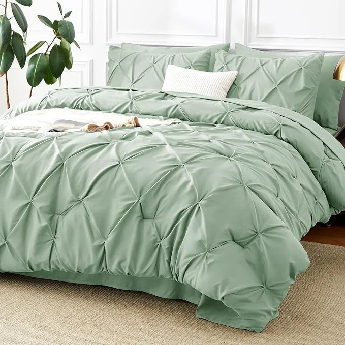 Traditional CozyLux Full Size Comforter Sets Sage Green 7 Pieces Pintuck Bed in A Bag Relaxed