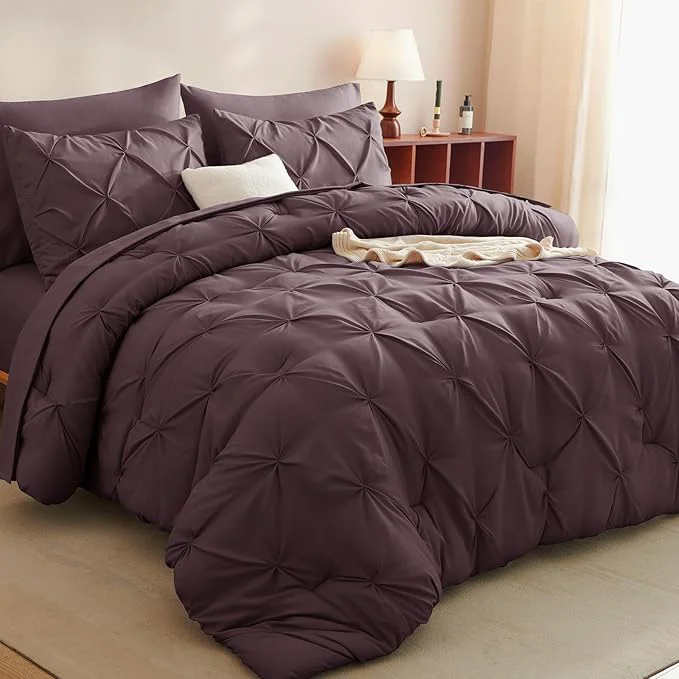 Trusted CozyLux Queen Comforter Set Cocoa Powder 7 Pieces Pintuck Bed in A Bag Next-Generation
