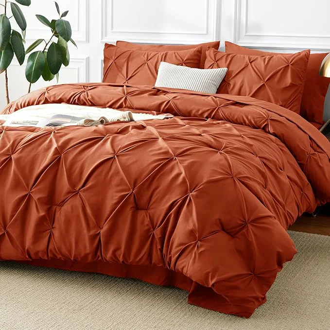 Lightweight CozyLux Queen Comforter Set Burnt Orange 7 Pieces Pintuck Bed in A Bag Premium Durable