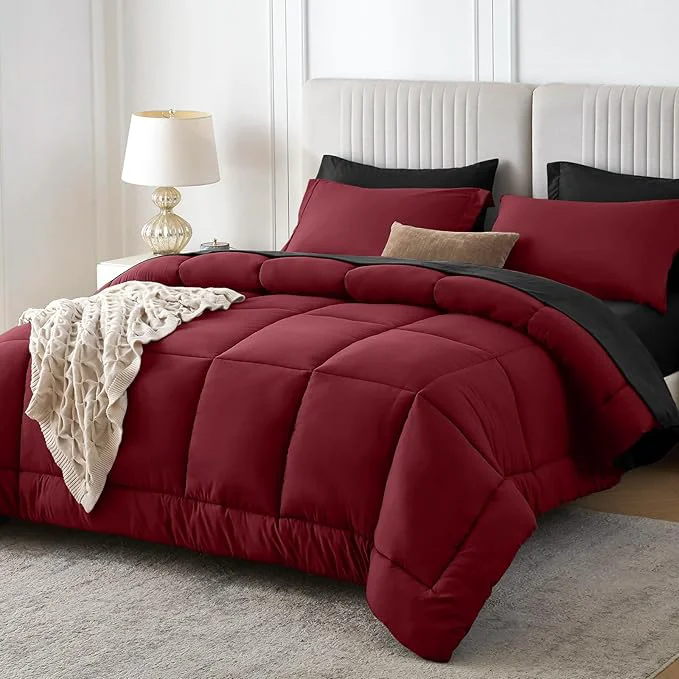 Quality Sasttie Red Black Full Size Comforter Sets 7 Pieces Reversible Bed in a Bag Crafted
