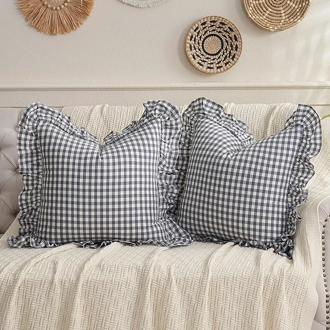 Pure 2 Pack Grey White Plaid Ruffled Throw Pillow Sham 20 x20 inches Washed Cotton Authentic