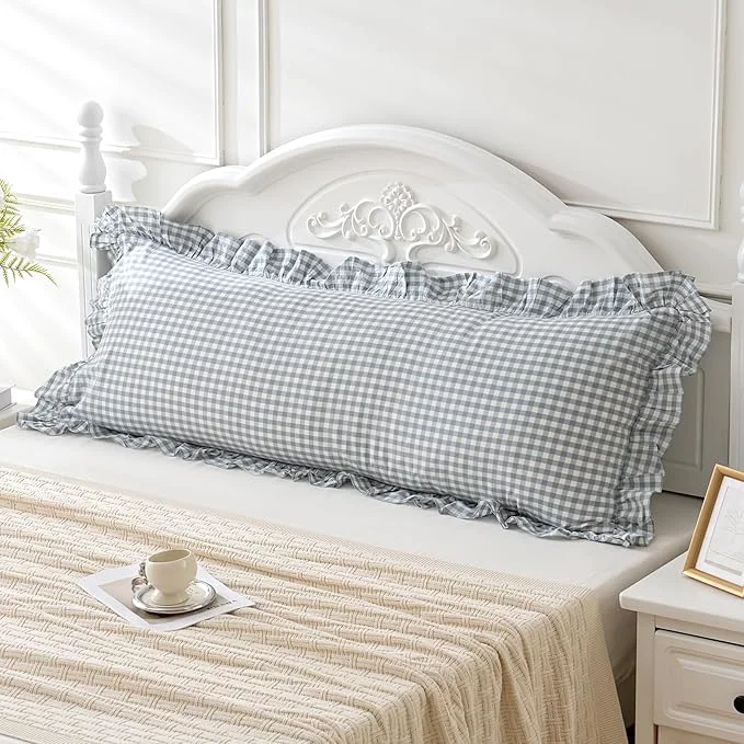 Verified Blue White Plaid Ruffled Body Pillow Sham Washed Cotton Shabby Checkered Fashionable