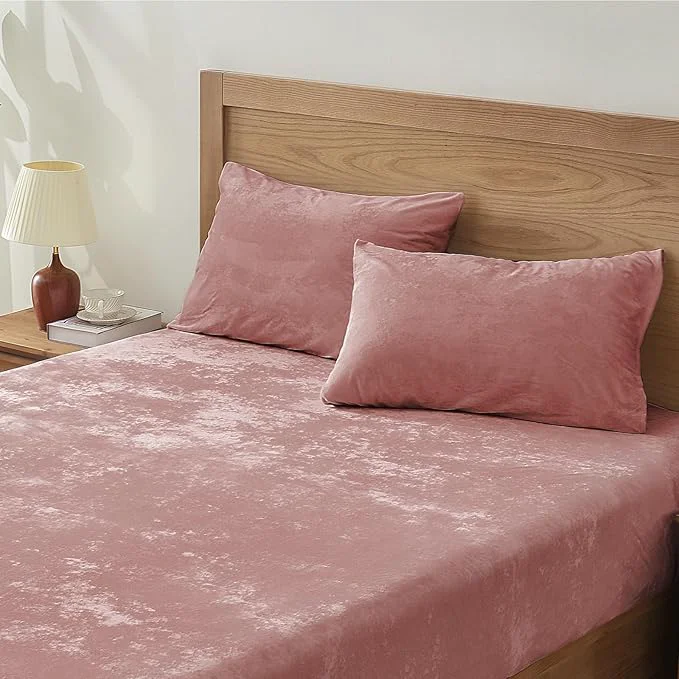 Original BEDELITE Velvet Fitted Sheet and Pillowcases Set Luxury Soft Fuzzy Bottom Sheet Natural
