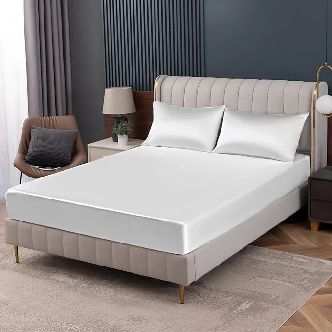 Elegant Homiest White Satin Fitted Sheet King Size Deep Pocket Luxury Ultra Soft Pure