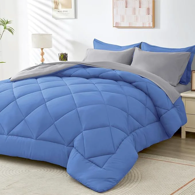 Fine HEVUMYI Royal Blue Light Grey Queen Comforter Set Premium