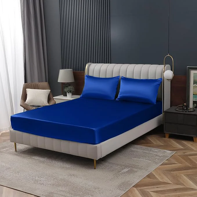 Detailed Homiest Royal Blue Satin Fitted Sheet Modern