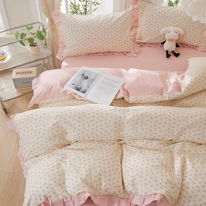 Advanced mixinni Pink Floral Duvet Cover Set King Size – Cotton Ruffle Lace Bedding Sustainable