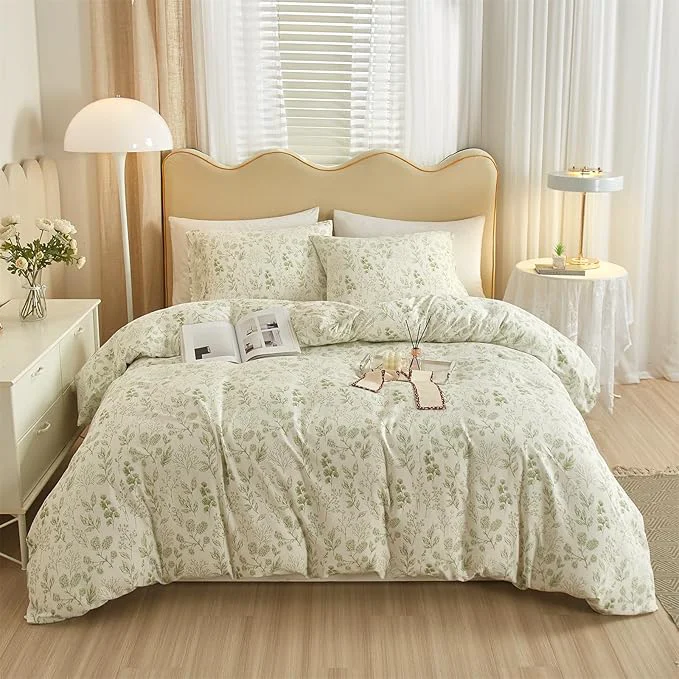 Effective mixinni Girls Boho Green Floral Duvet Cover Set Twin Size Cotton Soft Aesthetic Quality