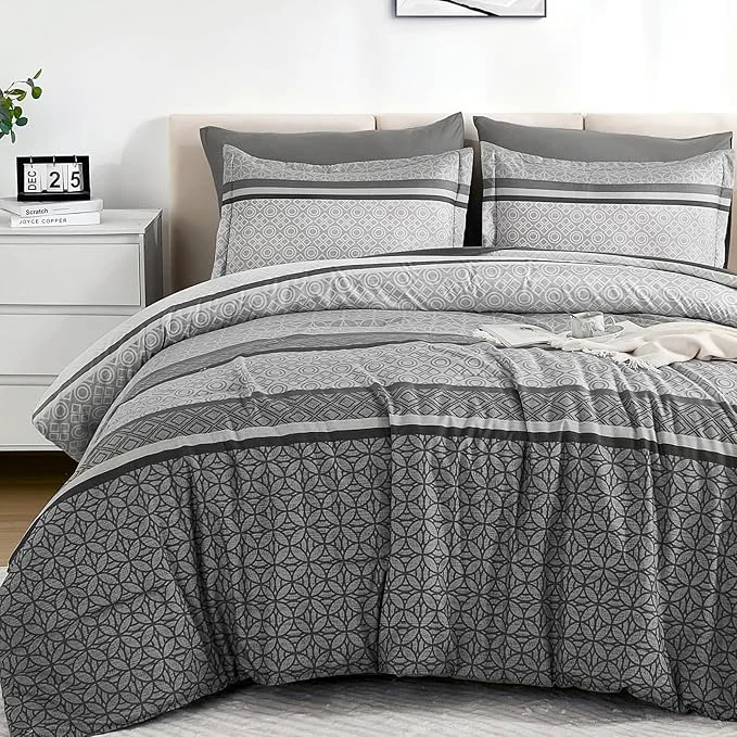 Stylish WONGS BEDDING Grey Comforter Set King Size 7 Pieces Striped Bed in a Bag Clean