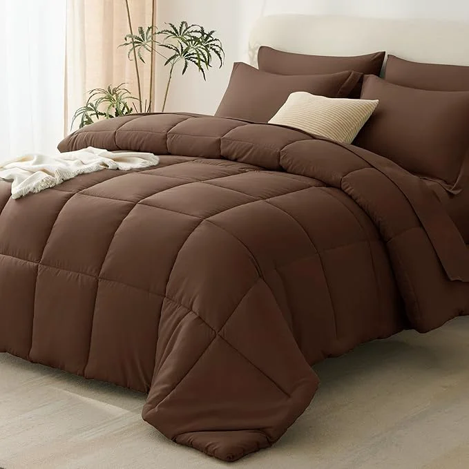 High-Grade CozyLux Oversized King Comforter Sets Brown 7 Pieces Bed in a Bag 120×98 Box Soft