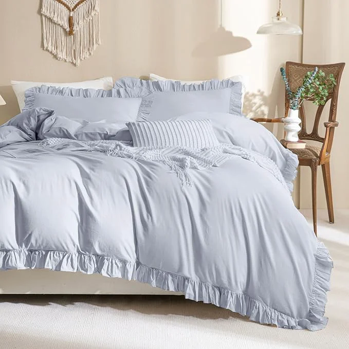 Durable QSH Ruffle Duvet Cover Queen Size Washed Cotton Powerful