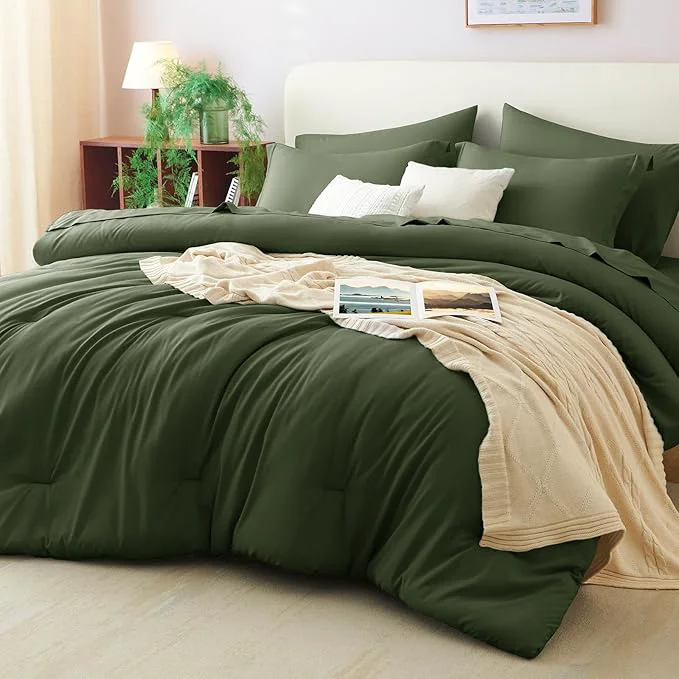 Original Design CozyLux Oversized King Comforter Set Olive Green 7 Pieces Bed in a Bag Genuine