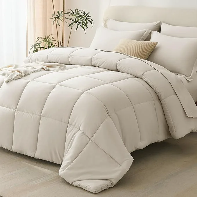 Premium Material CozyLux Oversized Queen Comforter Sets Beige 7 Pieces Bed in a Bag 98×98 Box Fashionable