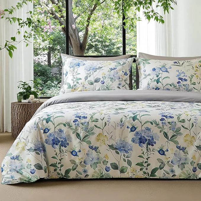 Easy-to-Use mixinni Reversible Floral Duvet Cover Set King Size 3 Piece Blue Green Innovative