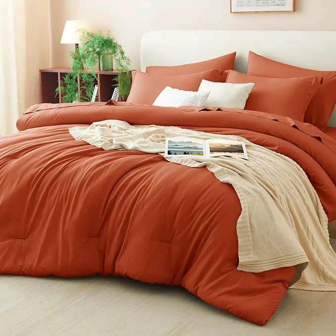 Trendy CozyLux King Size Comforter Set Burnt Orange 7 Pieces Fall Bed in a Bag King Reusable