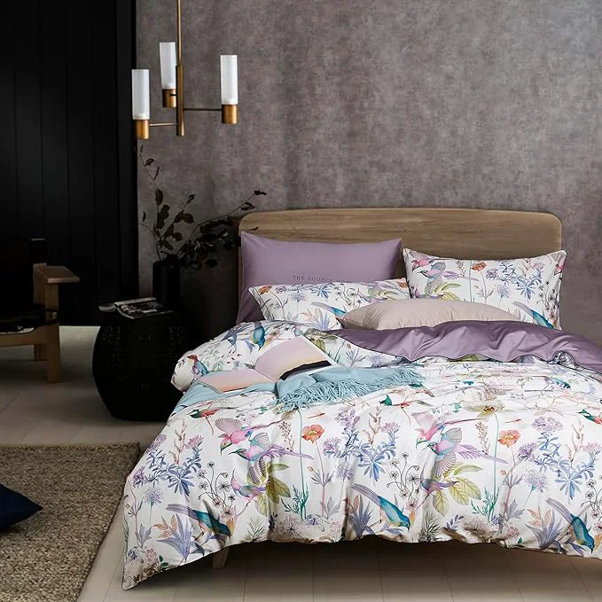Genuine mixinni Queen Size Duvet Cover Purple Flowers Bird Bedding Sets Shabby Chic Effective