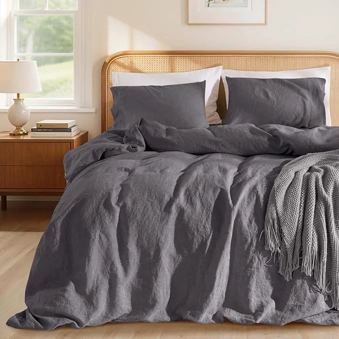 Unique LBRO2M France Linen Duvet Cover Set Full Size 3 Pcs Natural Flax Comforter Luxury