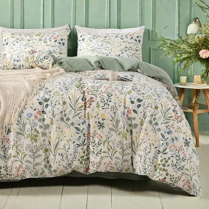 High-Performance MKXI Wildflower Duvet Cover Set Sage Green Spring Floral Bedding Set Rustic Secure