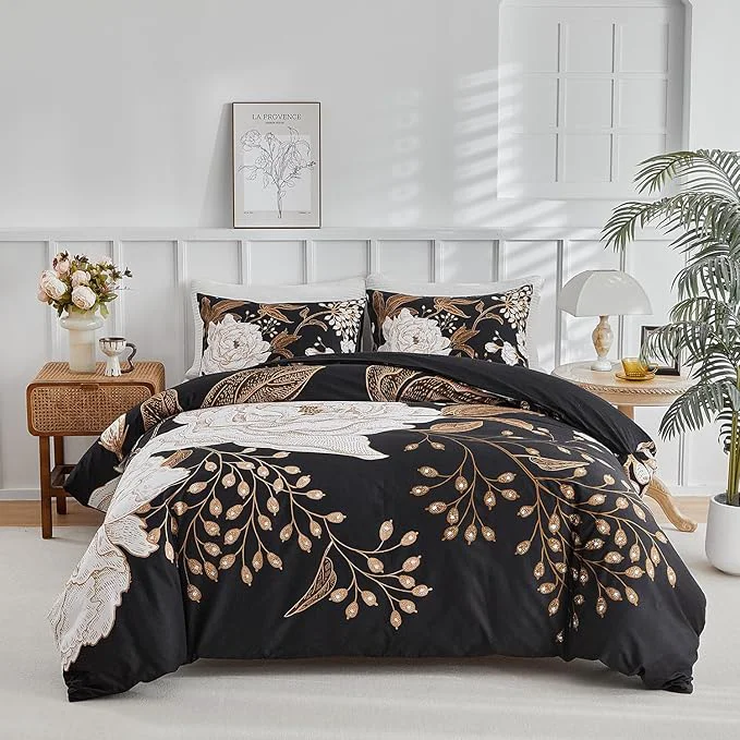 Fashionable mixinni Black Floral Duvet Cover Full Size 3 Pieces Garden Style Botanical Eco-Friendly