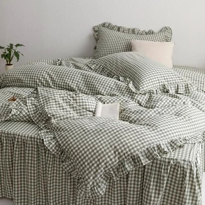 Official MKXI Sage Green Gingham Duvet Cover Full 3-Piece Ruffled Bedding Set Relaxed