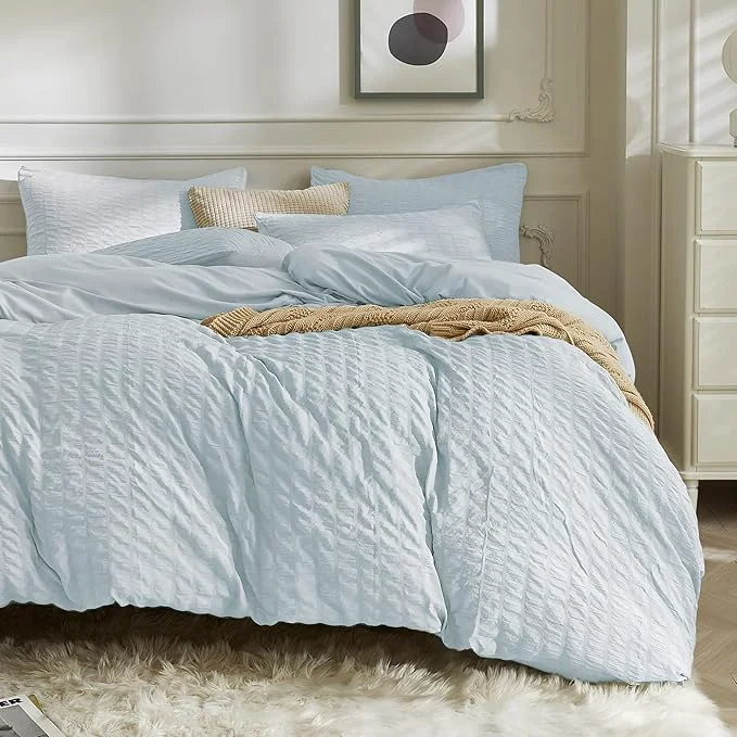 Convenient JELLYMONI Baby Blue Duvet Cover King Size Soft Breathable Seersucker Duvet Responsible