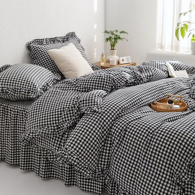 Breathable MKXI Black and White Gingham Duvet Cover King 3-Piece Ruffled Bedding Set Contemporary