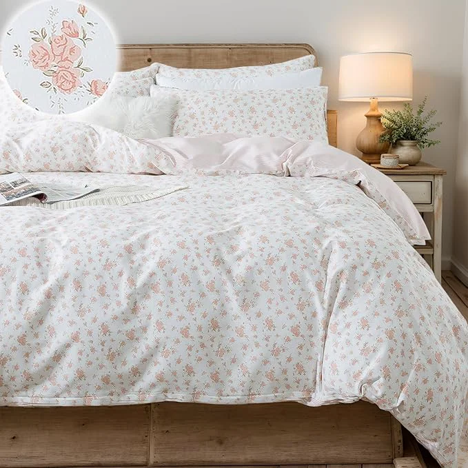 Reusable FADFAY Twin Duvet Cover Set Pink Floral Comforter Cover Cotton Girls Pink Enhanced