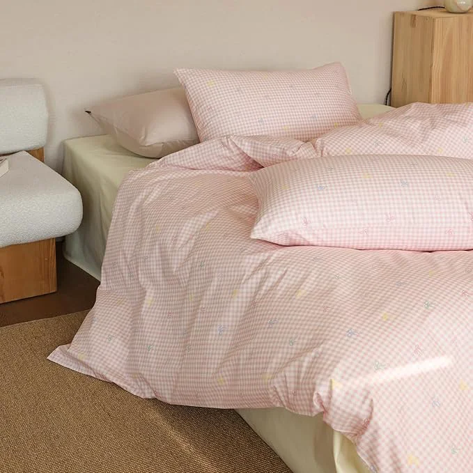 Natural mixinni Gingham Duvet Cover Twin Size Cotton Light Pink and White Gingham Optimized