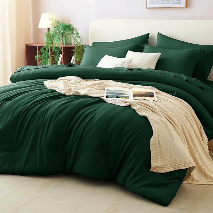 Solid CozyLux King Size Comforter Set Emerald Green 7 Pieces Bed in a Bag King