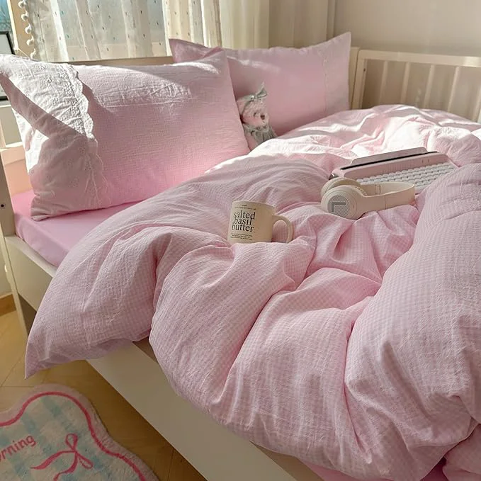 Soft mixinni Pink Gingham Duvet Cover Twin Size Powerful