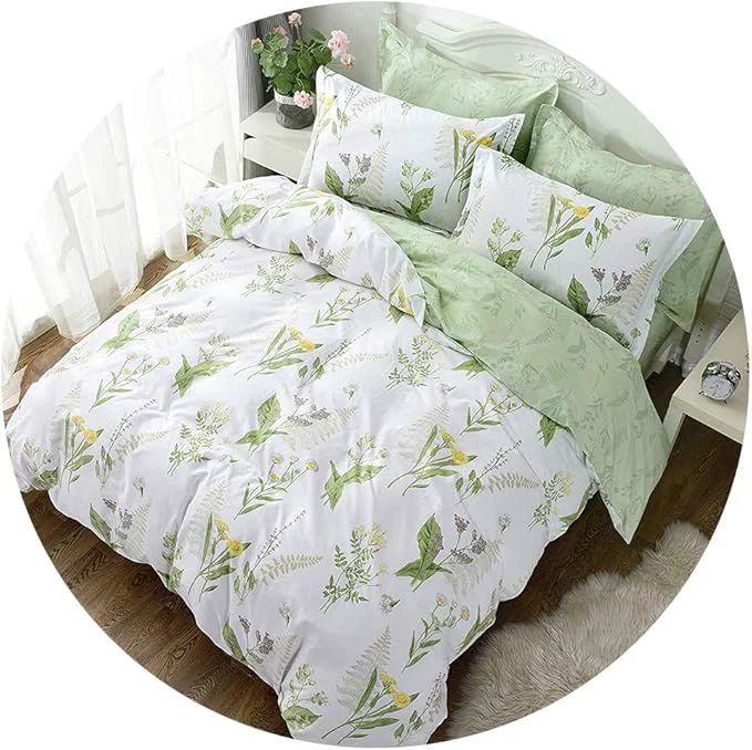 Exclusive FADFAY Duvet Cover Set Full Shabby Green Daisy and Lavender Flowers Botanical Modern