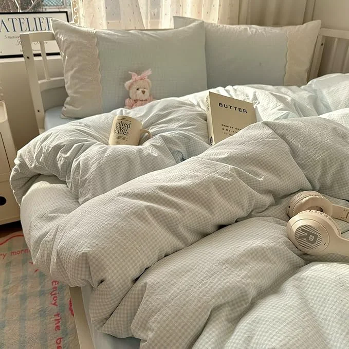 Comfortable MKXI Blue Gingham Duvet Cover Set Twin Size Modern