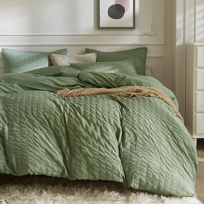 Environmentally Friendly JELLYMONI Dark Green Duvet Cover Queen Size Soft Breathable Seersucker Duvet Versatile