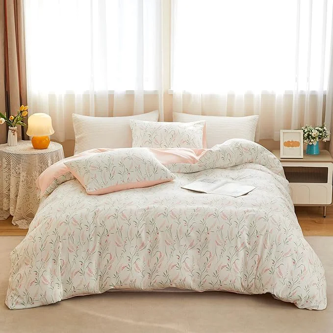 Solid BOLINLIVING Pink Floral Duvet Cover King Size Reversible Botanical Spring Durable