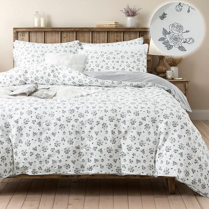 Solid FADFAY Floral Duvet Cover Set Queen Size Cotton Grey White Flower Pure