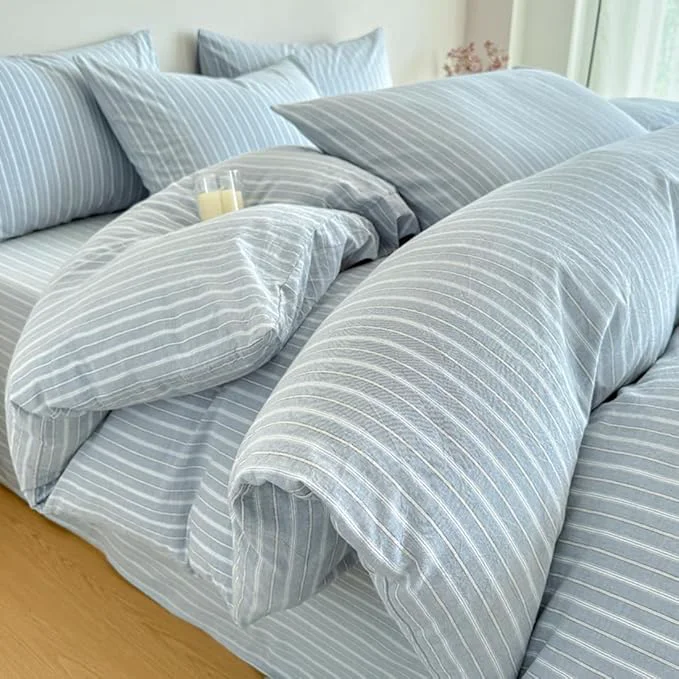 Recyclable PinkMemory Blue Striped Duvet Cover Set Queen Washed Cotton Blue Stripes Convenient