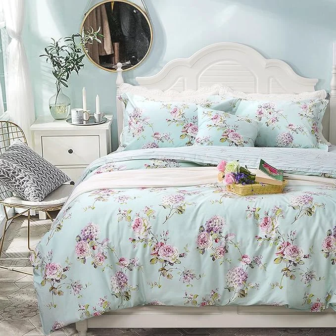 Official FADFAY Floral Duvet Cover Queen Cotton Blue Green Farmhouse Bedding Super Smart