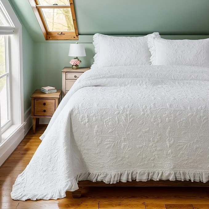 Elite Brandream White Quilts King Size Cotton Matelasse Coverlet Set Cottagecore Organic