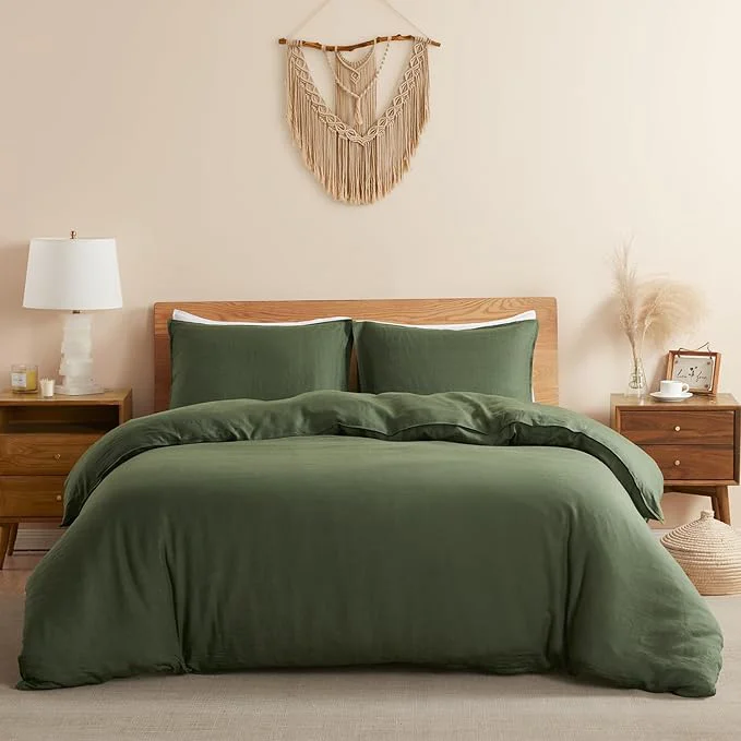 Convenient DAPU Linen Olive Green Duvet Cover Set Pure Natural French Flax Linen Environmentally Friendly