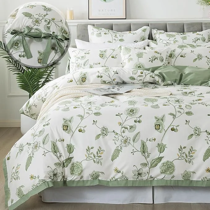 Luxury FADFAY Green Duvet Cover Set Full Floral Bedding Cotton Shabby Vintage Sustainable